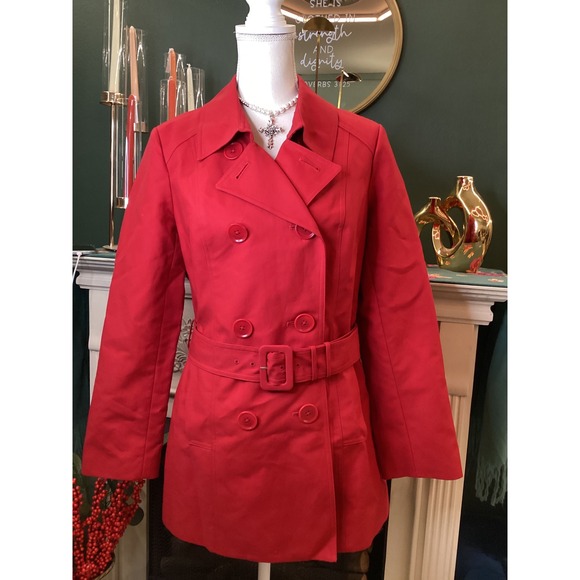 Harold's Jackets & Blazers - HAROLDS Red Double Breasted Belted Trench Coat Women Size M